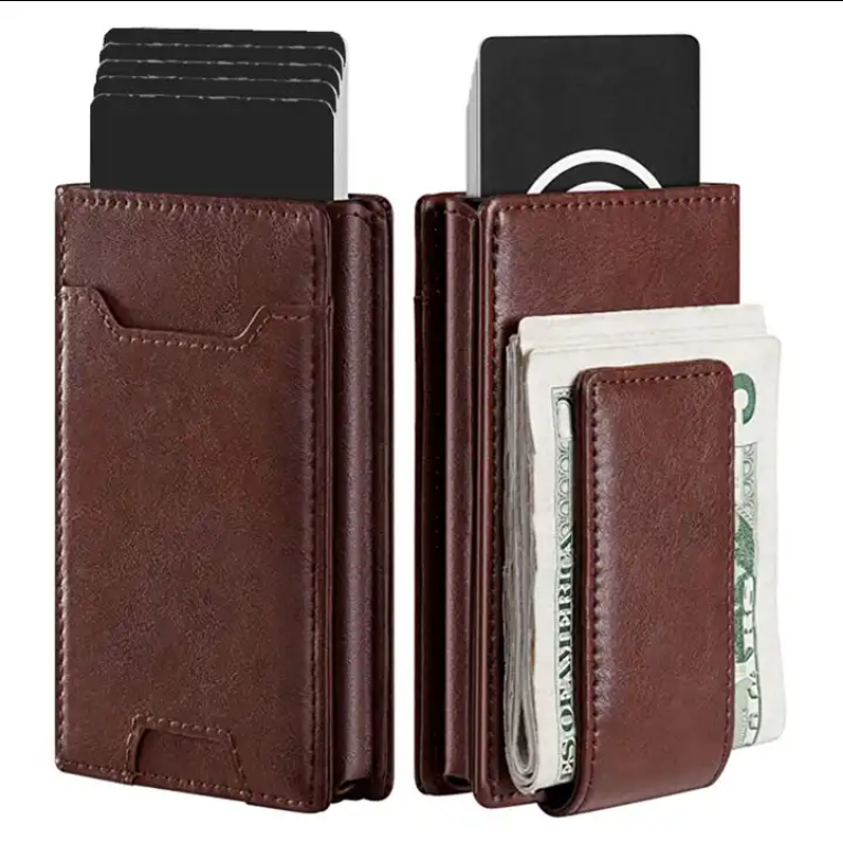 Men Leather wallet RFID Blocking Pop Up Aluminum Wallet with money clip