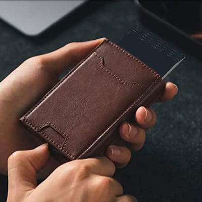 Men Leather wallet RFID Blocking Pop Up Aluminum Wallet with money clip