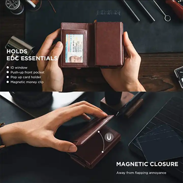 Men Leather wallet RFID Blocking Pop Up Aluminum Wallet with money clip